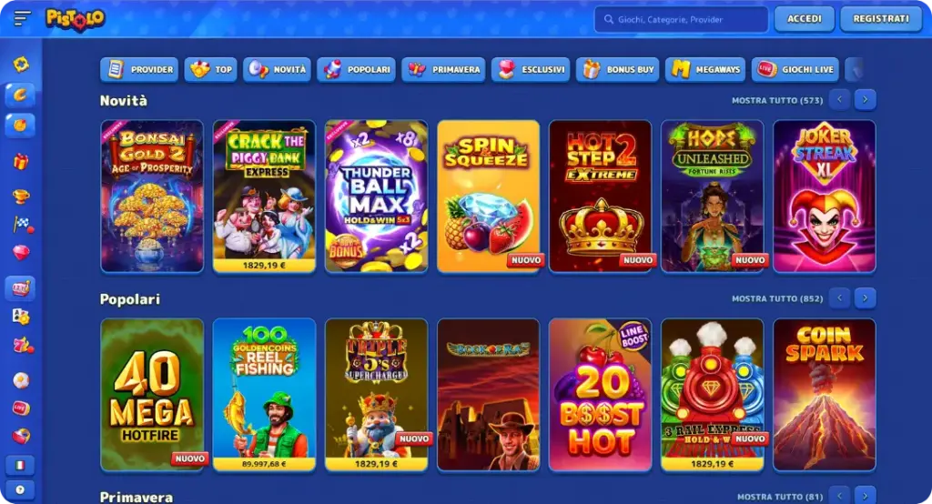 Tipologie di giochi disponibili al Pistolo Casino